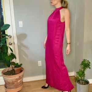 French Connection Halterneck Fuchsia Silk Maxi Dress With Slit